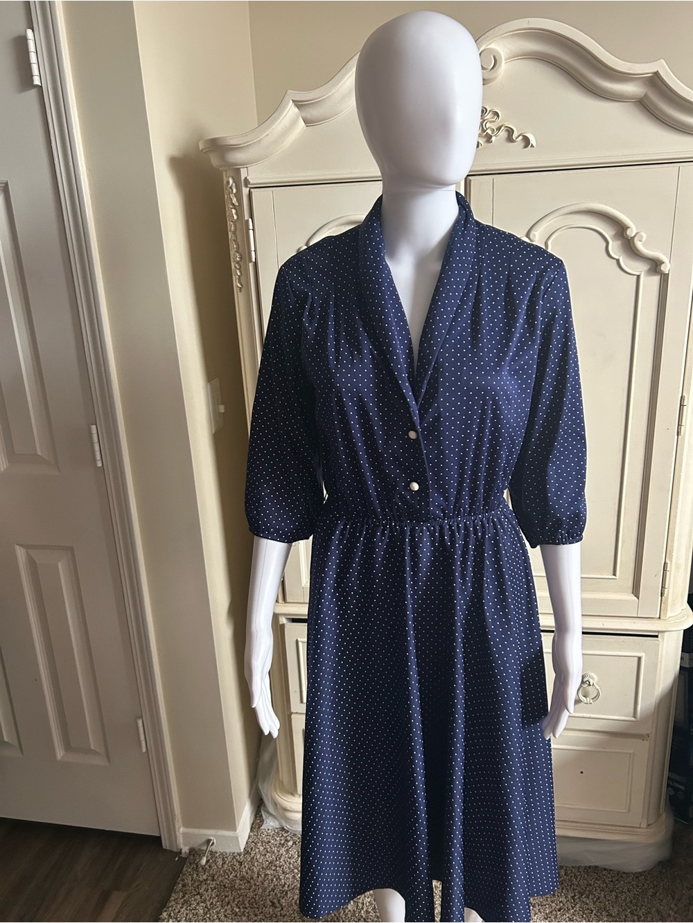 Vtg Classic Navy Polka Dot Shirt Dress